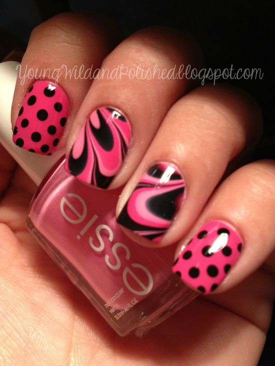 Black and Pink Water Marble Nails