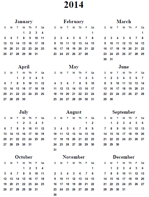 Free Printable 8 X 11 2014 Yearly Calendar