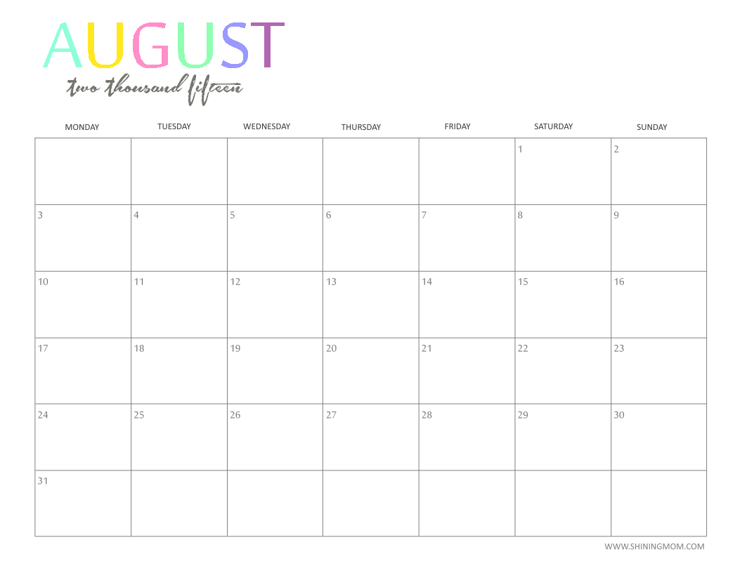 Free Printable Monthly Calendars August 2015