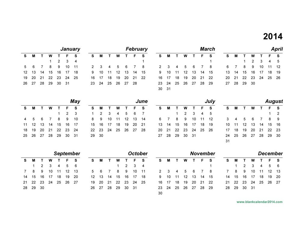 Printable 2014 Yearly Calendar Templates