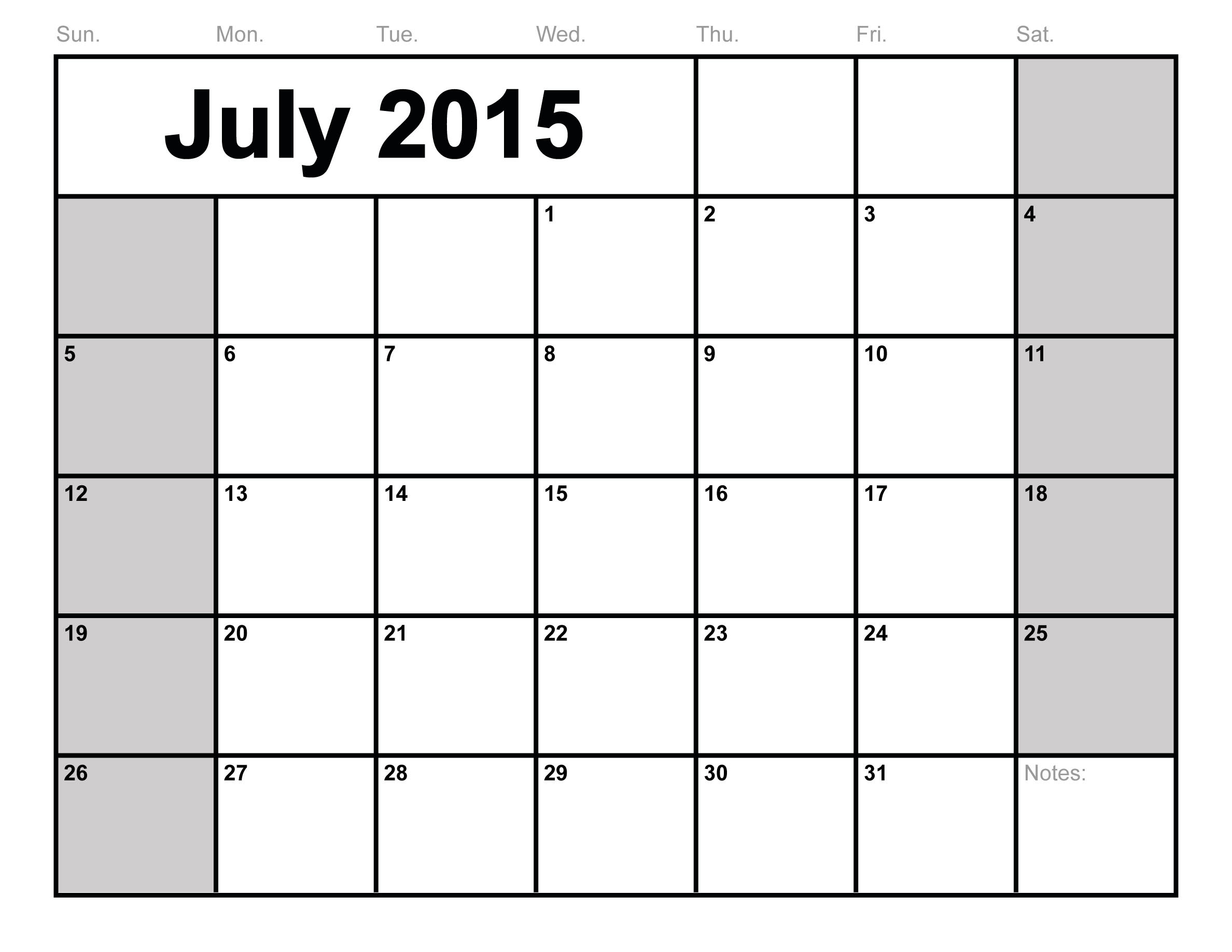 Printable 2015 Monthly Calendar Template