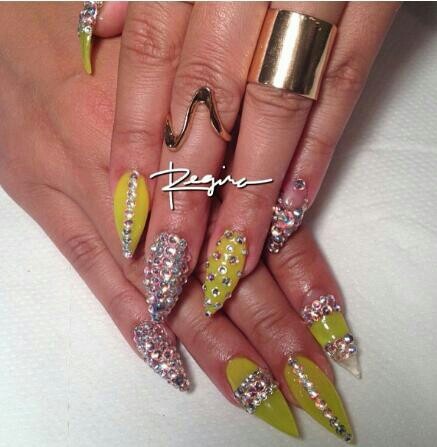 Stiletto Acrylic Nail Designs with Rhinestones