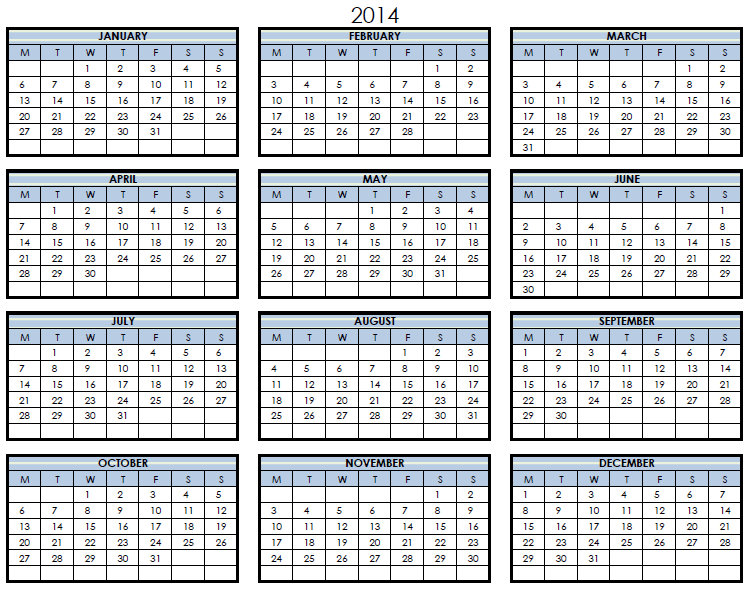 Yearly Calendar 2014 Printable One Page