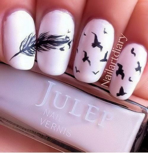 Bird and Feather Nail Design