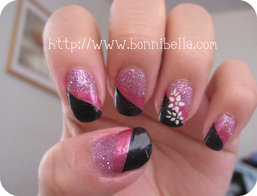 Cute Design Nail Pink Black and White