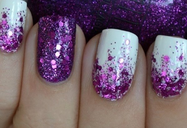 Purple and White Nails with Glitter