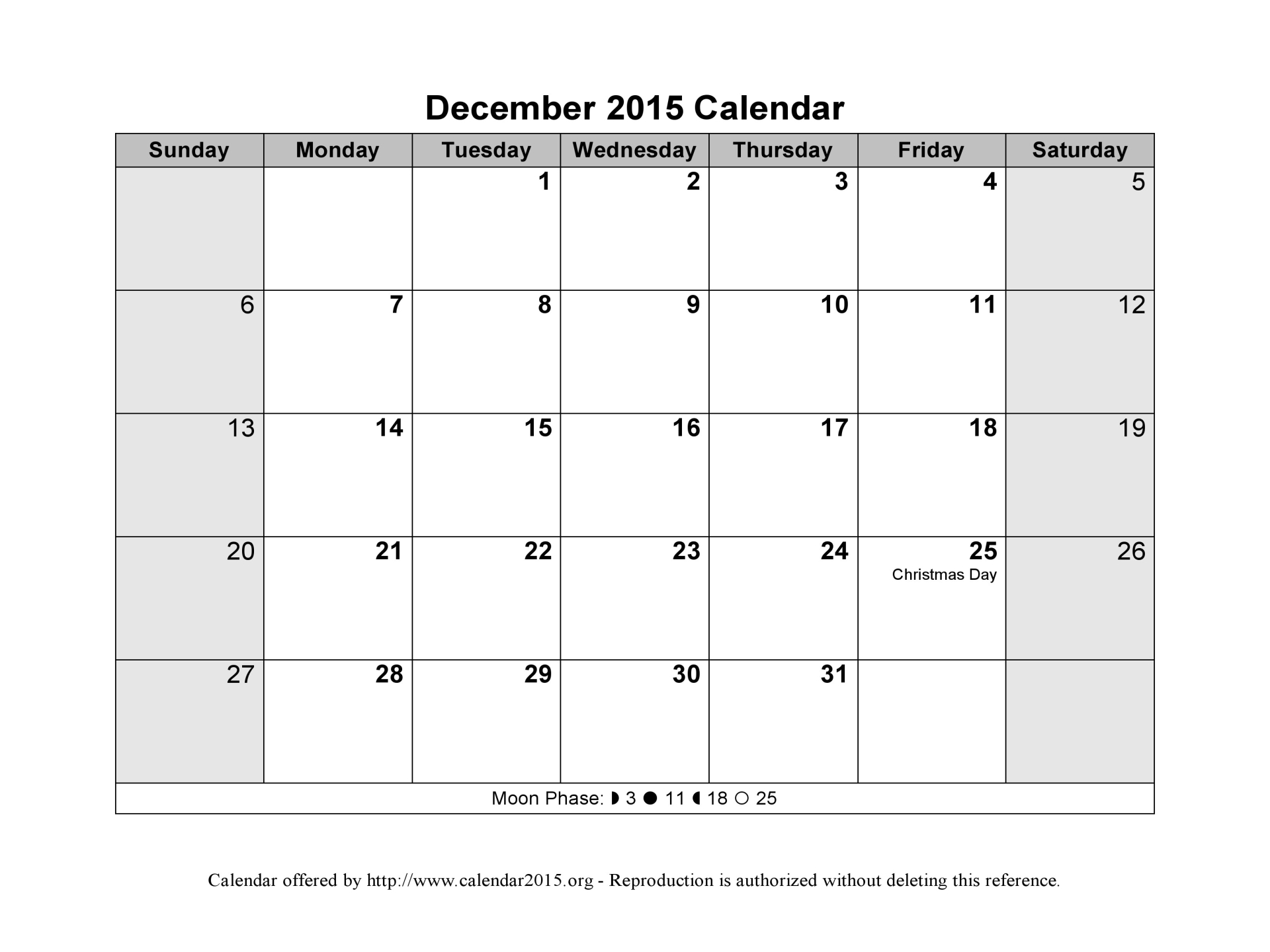 December 2015 Calendar Template