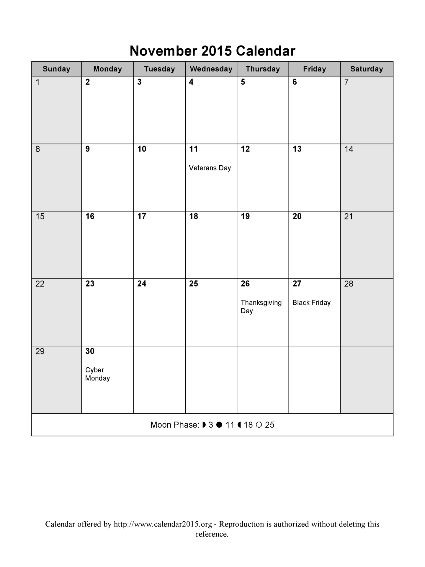 November 2015 Calendar Template Word