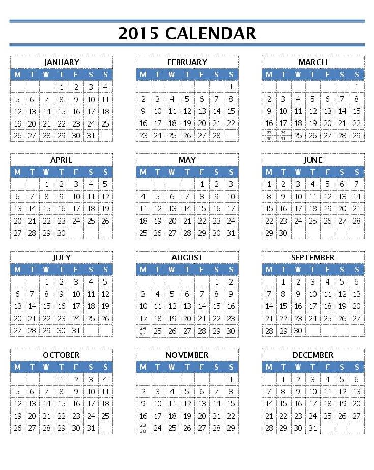Printable 2015 Yearly Calendar Template Word