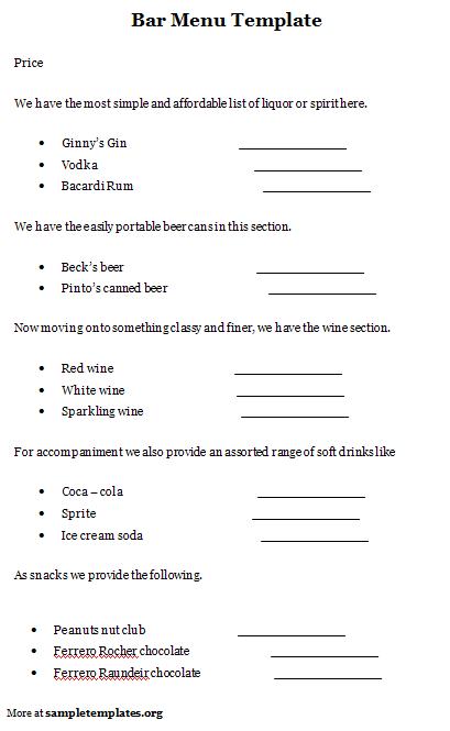 13 Bar Menu Template Images