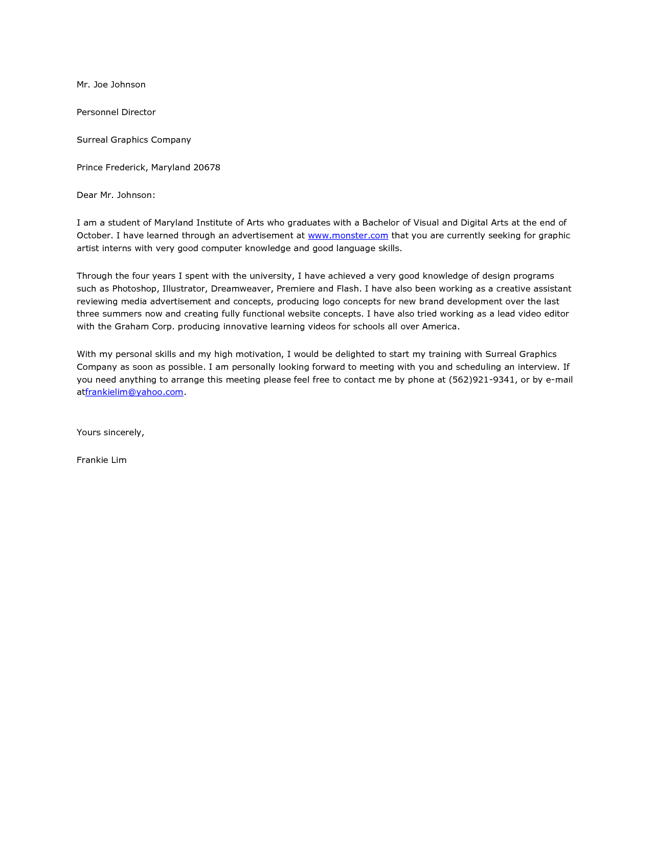 Graphic Design Internship Cover Letter Graphic Design Internship Cover Letter