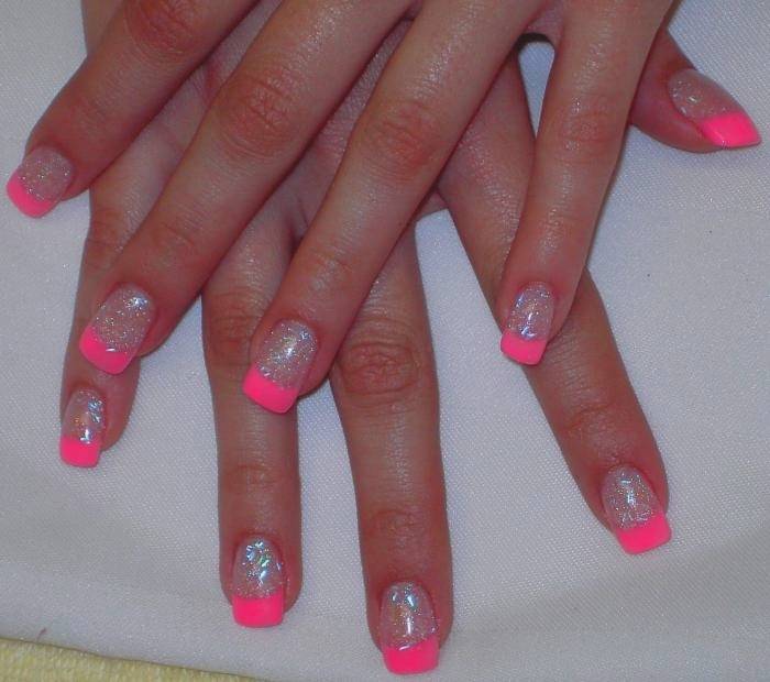 Pink Acrylic Nails with Glitter Tips