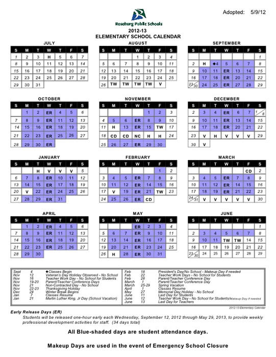 Elementary School Calendar 2012 2013