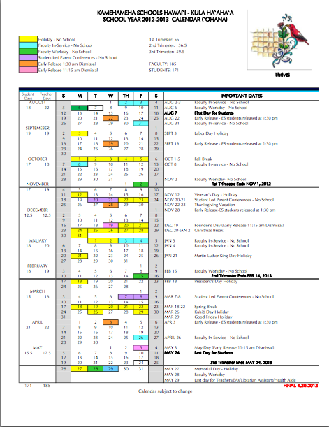Kamehameha School Year Calendar 2015