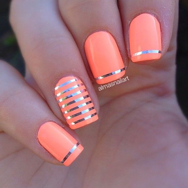 Orange Coral and Silver Nail Design