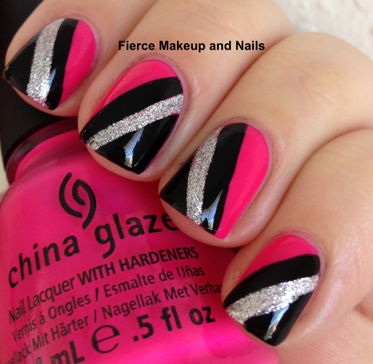 Pink Black and Silver Nail Design