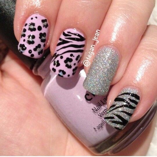 Pink Black and Silver Nail Design