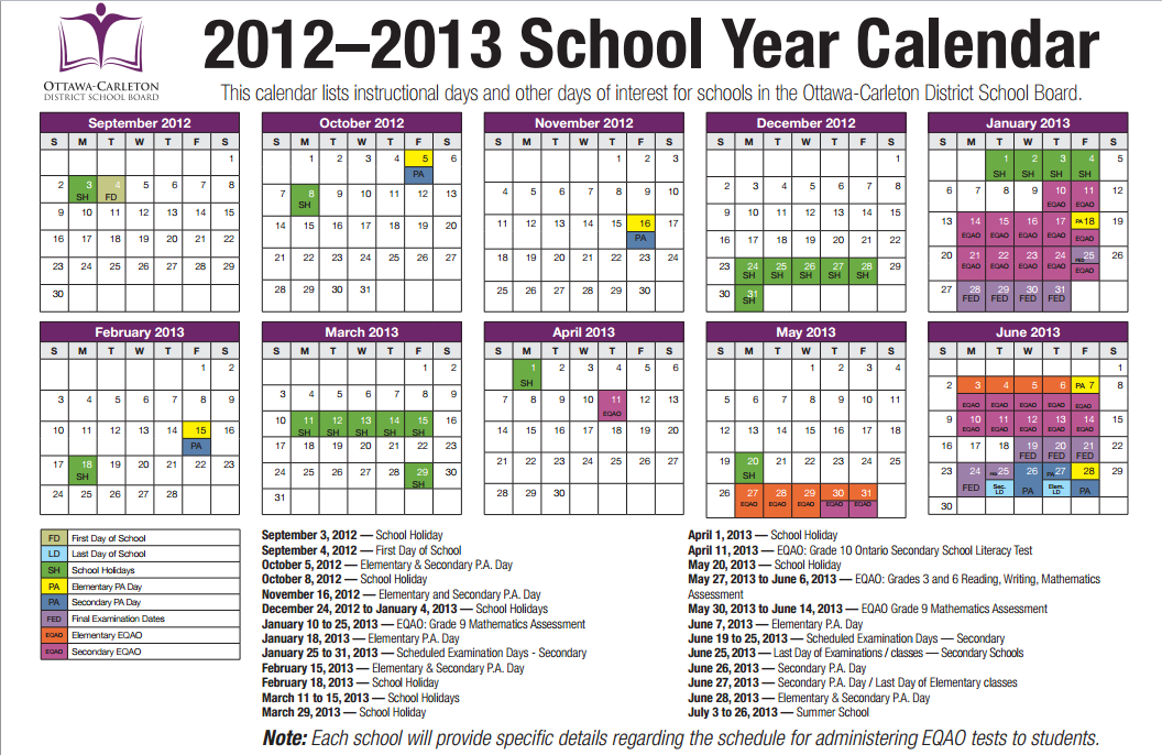 School Year Calendar 2012