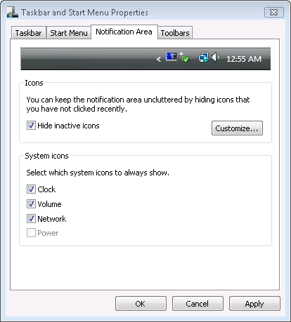 Windows Vista Taskbar Properties