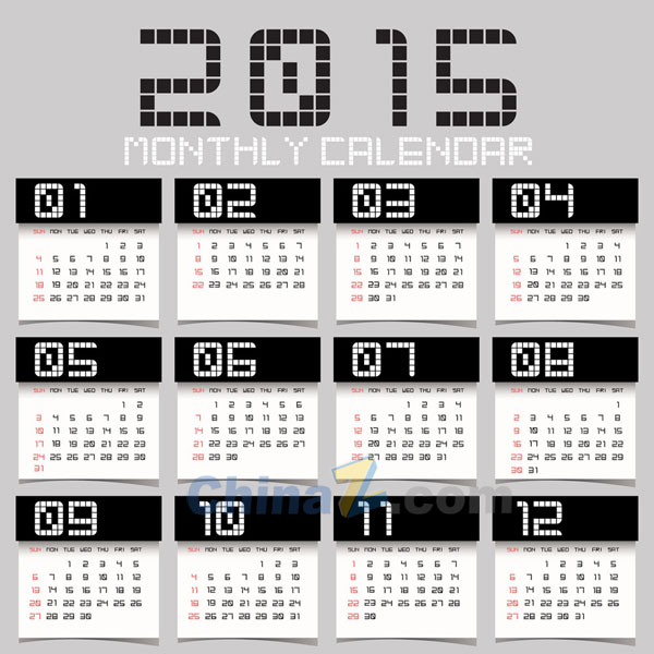 2015 Calendar Template Black and White