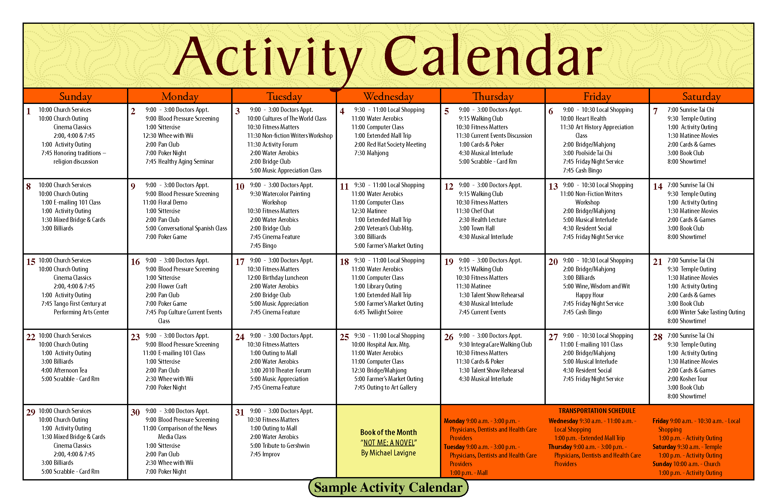 Activity Calendar Template for Seniors Activity Calendar Template for Seniors