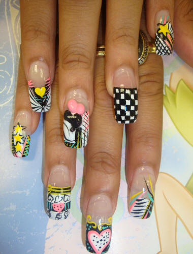 Black Nails with Colorful Designs Black Nails with Colorful Designs