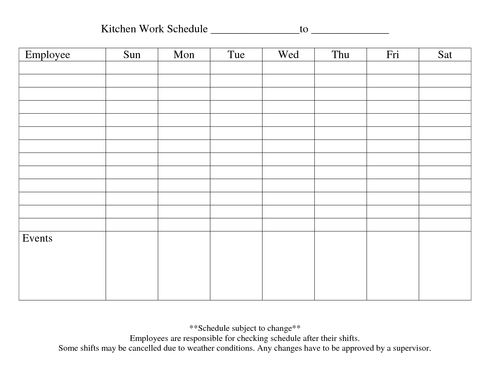 Blank Employee Work Schedule Template