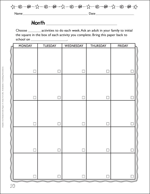Blank Monthly Activity Calendar