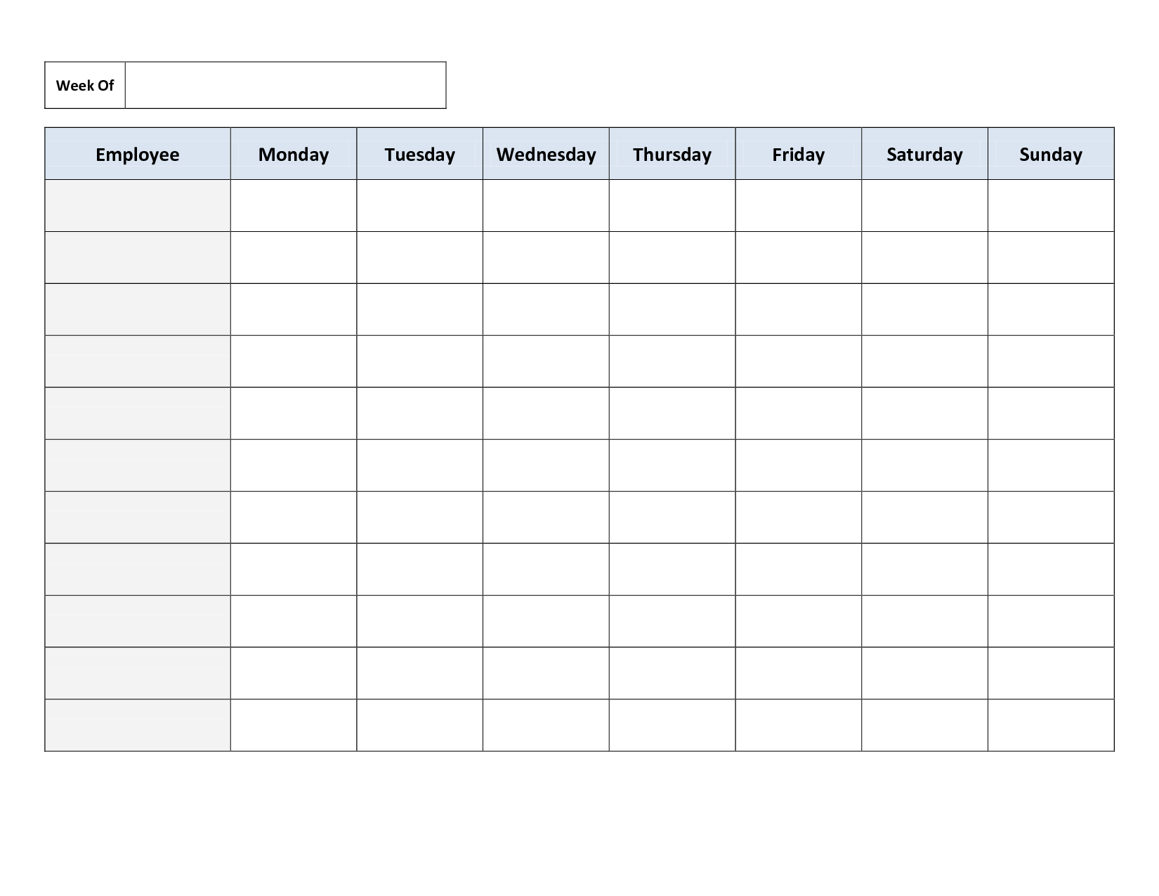 Blank Weekly Work Schedule Template