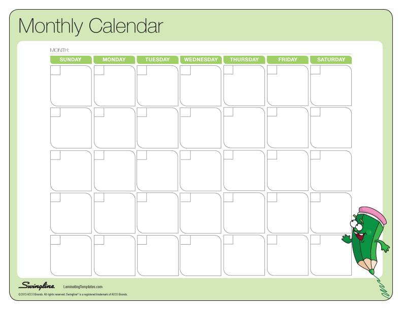 Monthly Menu Calendar Template