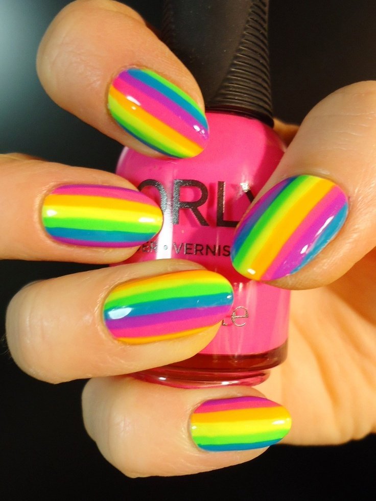 Neon Rainbow Stripes Nail Art