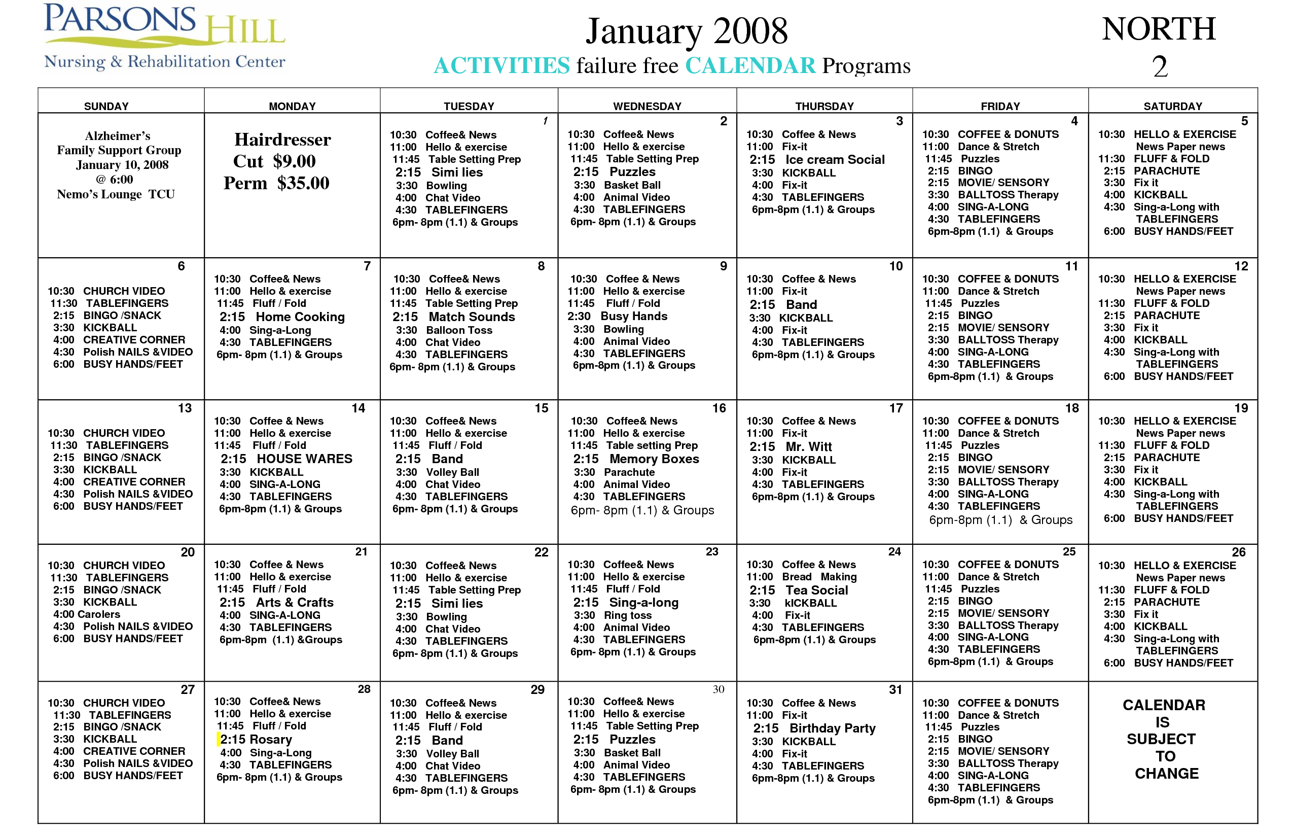 Nursing Home Activity Calendar Template