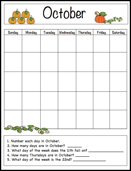 October Kids Calendar Template