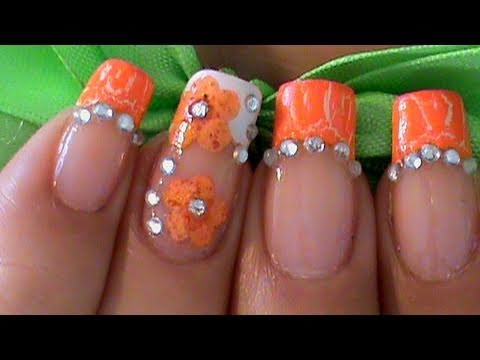 Orange Nail Art Design Flowers