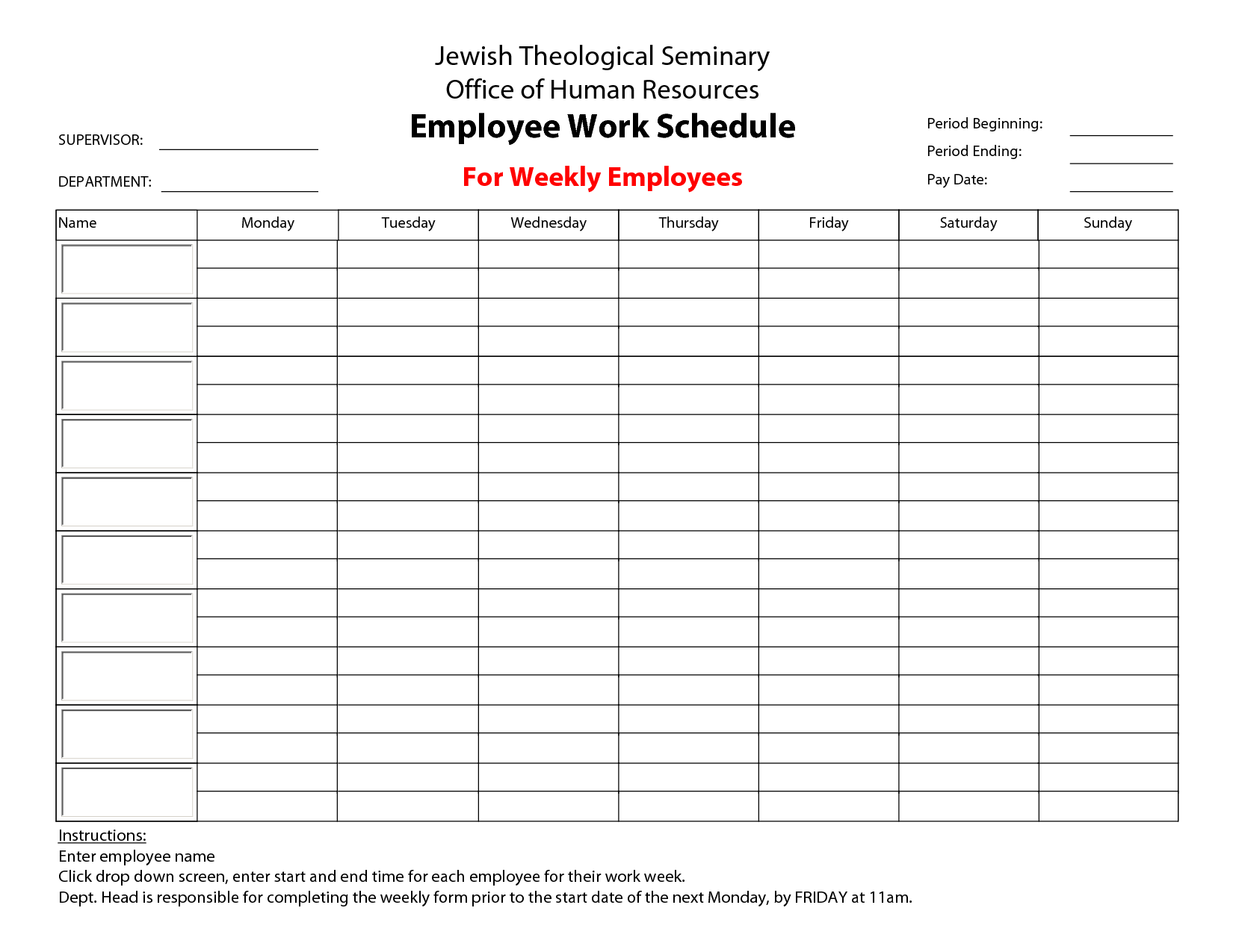 Printable Employee Work Schedule Template