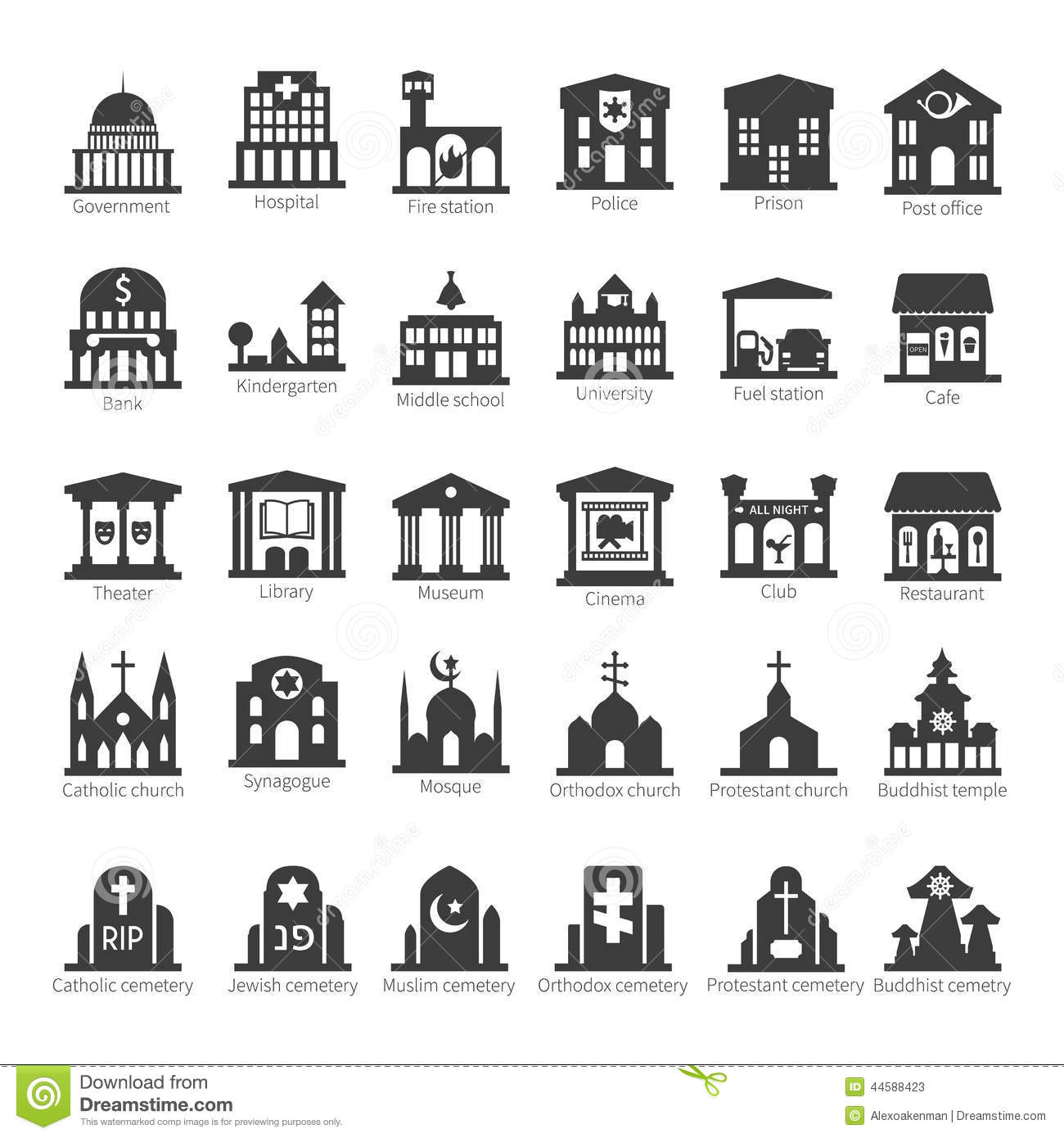 Town Bank Building Vector Restaurant Icons