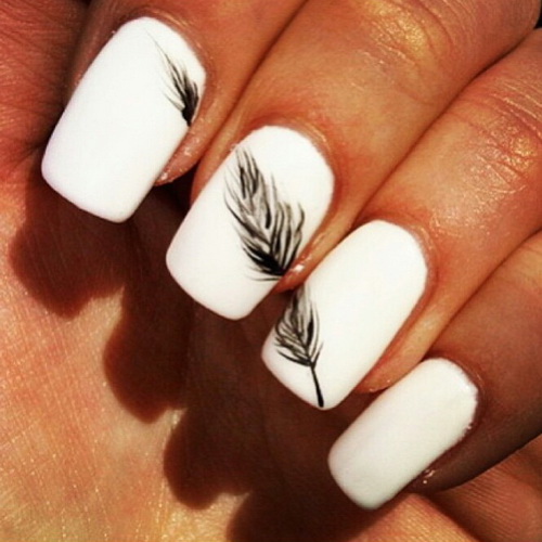 White Nails with Feather Design White Nails with Feather Design