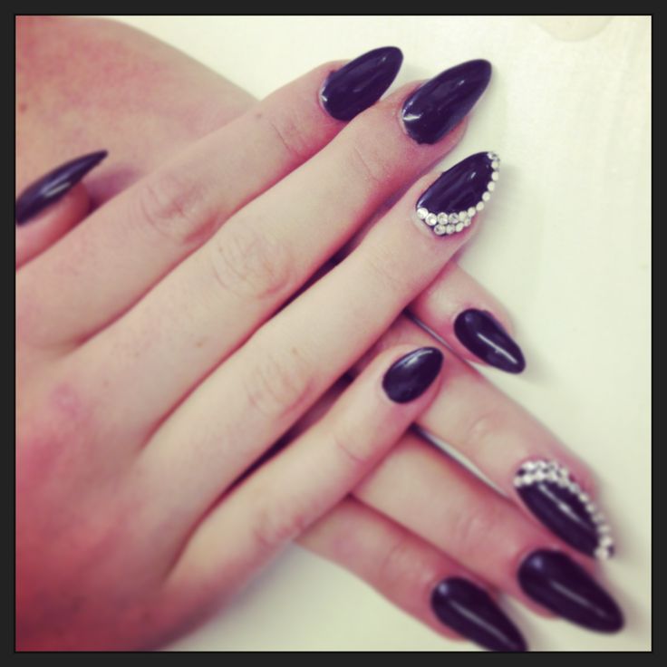 Black Almond Nails with Diamonds