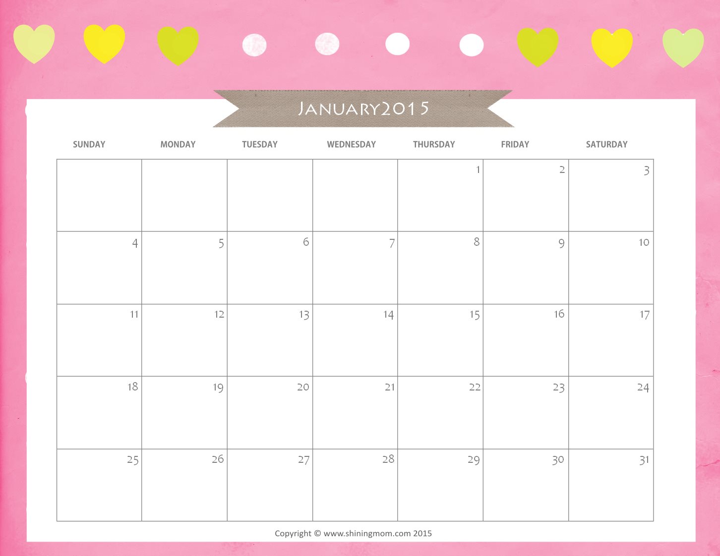 Free Cute Printable January 2015 Calendar