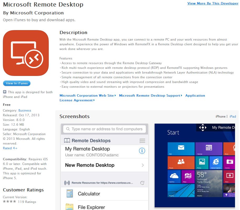 Microsoft Remote Desktop iOS App