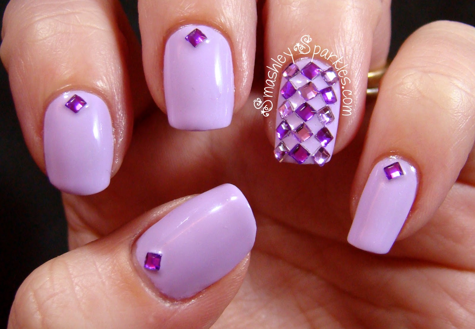 Purple Acrylic Nail Designs with Rhinestones