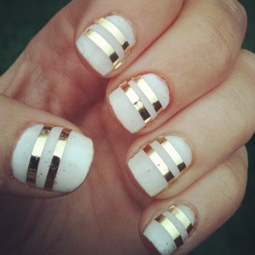 White and Gold Nail Designs Stripes