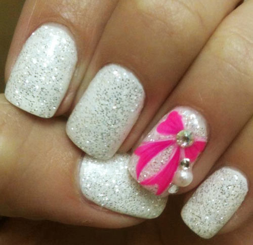 Pink and White Nails with Glitter