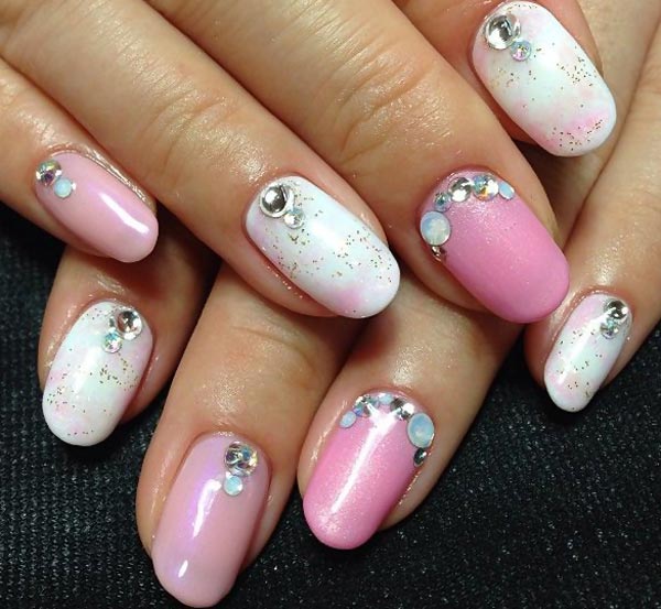 Pink and White Nails with Rhinestones