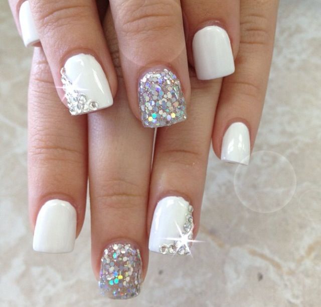 White Nail Designs with Glitter