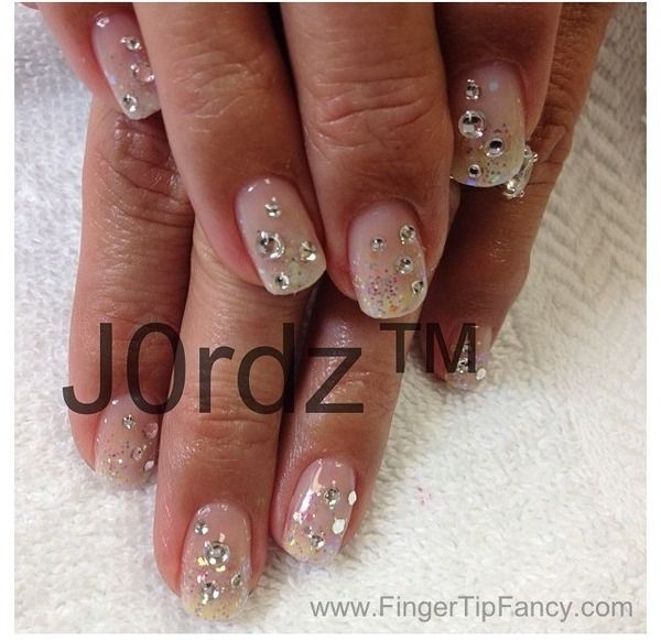 White Nails with Rhinestones