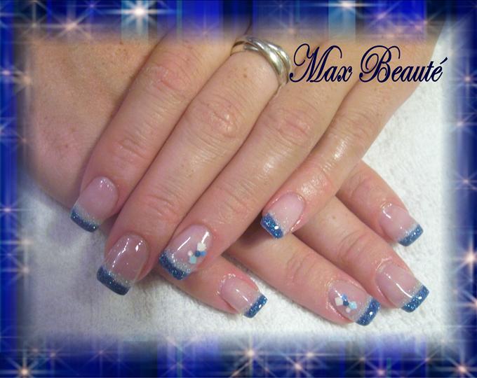 Blue Nails White Tip with Design