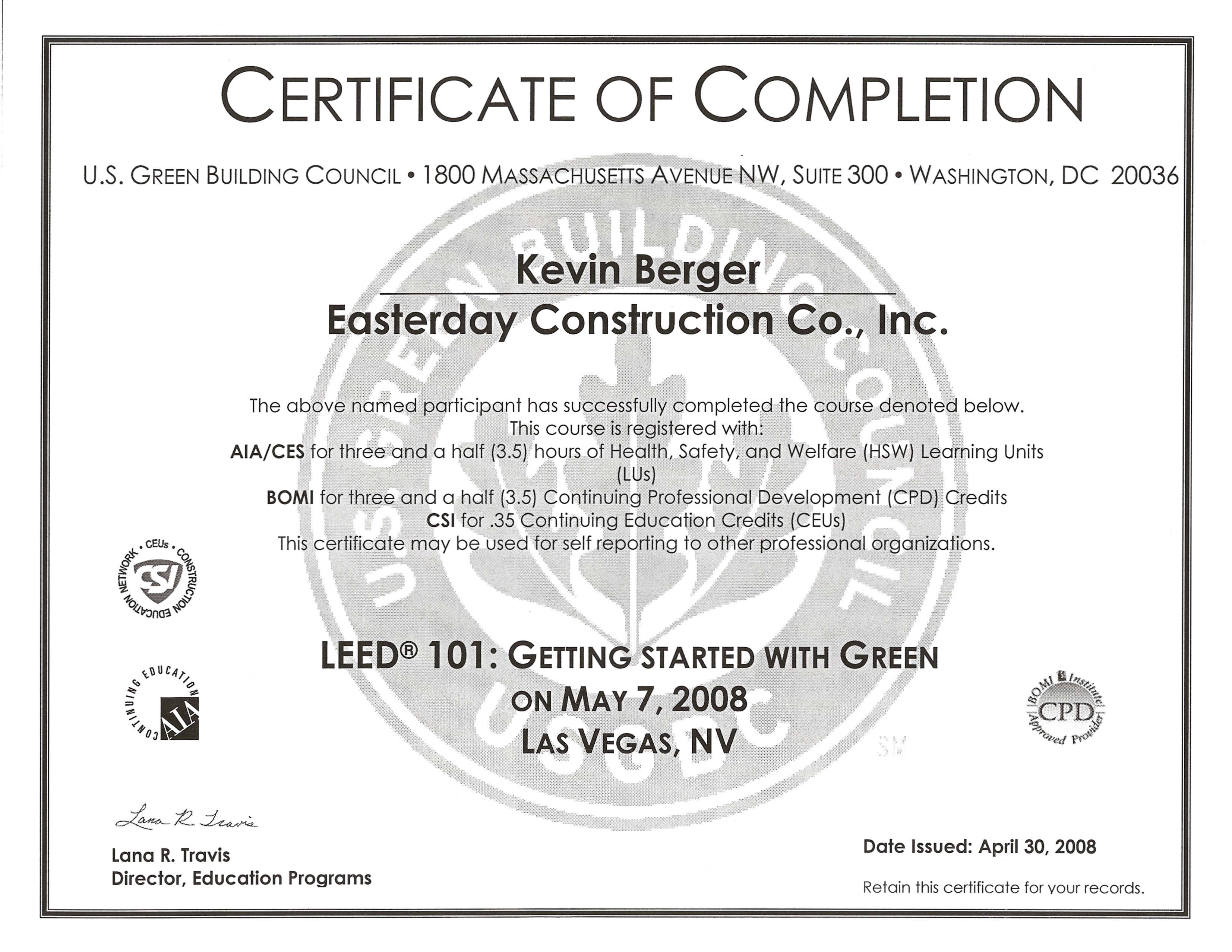 Construction Completion Certificate