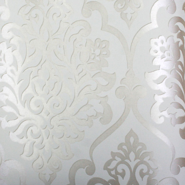 Metallic Silver and White Damask