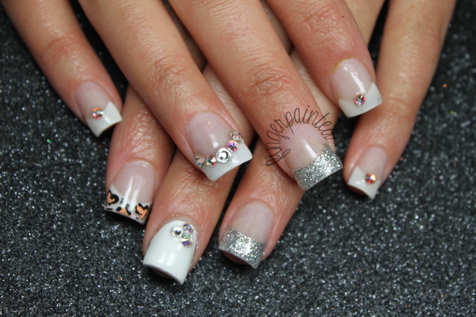 White and Silver Acrylic Nail Designs with Glitter